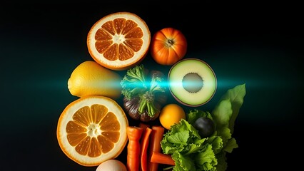 Vibrant circle of six colorful superfoods glowing with natural energy on dark background.