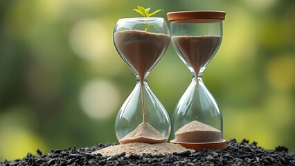 A cracked hourglass spilling sand onto a young sapling, representing premature time pressure.