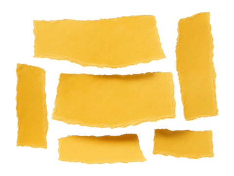 Set of yellow torn paper sheets with uneven textured edges.
