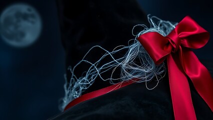 Black witch hat with silver cobwebs and crimson ribbon, embodying Halloween elegance and mystery.