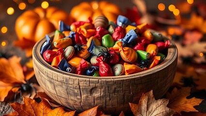 Rustic wooden bowl filled with colorful candies, surrounded by autumn leaves for playful Halloween charm.