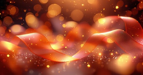 Warm orange ribbons flow amidst sparkling bokeh lights. Festive background evokes celebration, joy, warmth. Elegant design.