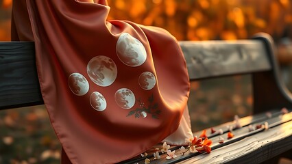 A silk hanfu sleeve embroidered with moon phases, draped over a wooden bench with scattered osmanthus blossoms.