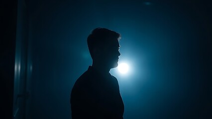 A silhouette in dim light with a faint glow, creating a mysterious and atmospheric mood.