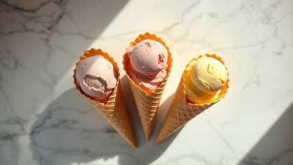Three ice cream cones on a marble surface, showcasing delicious flavors in an overhead view.