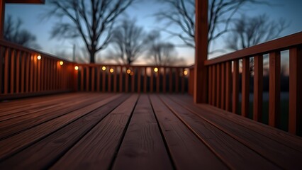 Peaceful wooden deck at twilight, warm lighting enhancing the serene evening outdoor atmosphere.