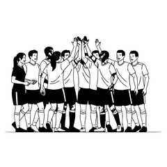 Group of soccer players in uniform giving a high five in a team huddle in black and white outline