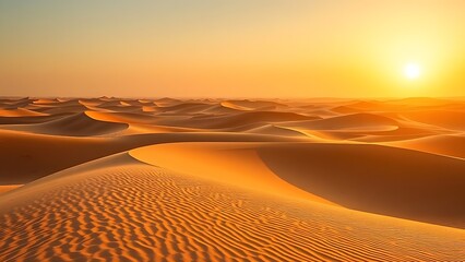 Golden sand dunes stretch endlessly under the warm glow of the Sahara desert at sunset.