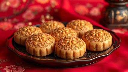 Traditional mooncakes on a lacquered tray with floral patterns, symbolizing Chinese cultural heritage.
