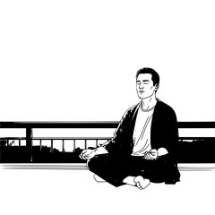 A man in meditation pose sitting cross legged on a balcony with a city view in black and white style