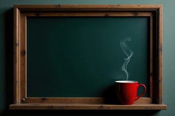 Aged blackboard in frame, rich red mug of coffee steaming, food, warm, picture