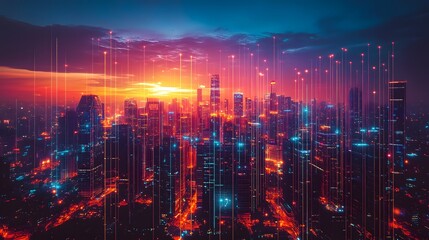 Fototapeta premium Urban connectivity meets twilight hues. Data streams ascend from a vibrant cityscape, symbolizing progress and future aspirations against a colorful, dramatic sky.