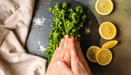 Fiddleheads on Slate with Lemon