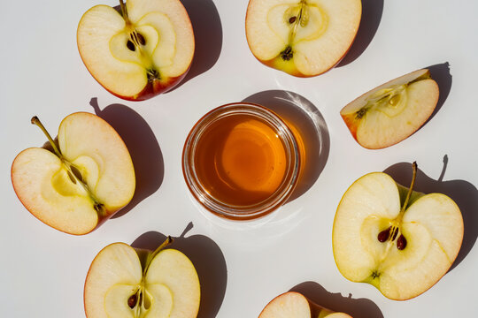 Honey in glass bowl surrounded by fresh apple halves on white background, Rosh Hashanah celebration