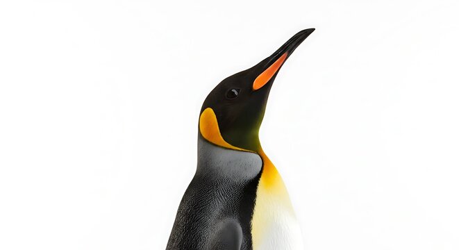 Elegant King Penguin Portrait: Upward Gaze, Striking Plumage on a Clean White Background