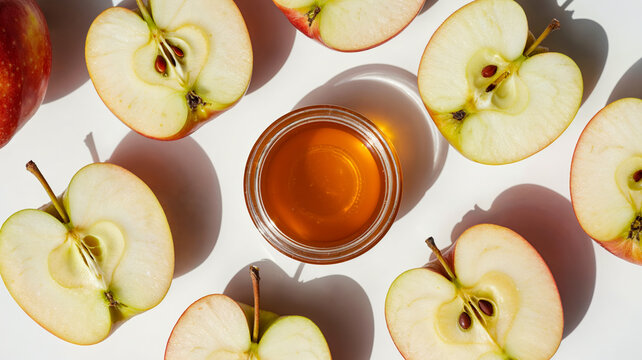 Fresh red apples and honey in jar top view on white background, Rosh Hashanah celebration - Powered by Adobe
