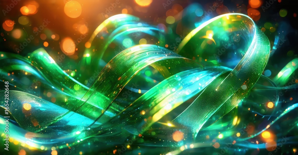 Poster bright ribbons swirl, glowing with vibrant colors. bokeh effects create dynamic, energetic visual ex