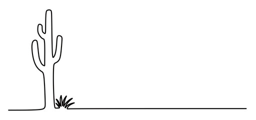continuous line art of a cactus tree with grass beside it. this icon is isolated with a transparent background