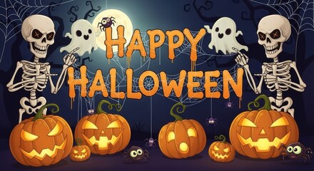 Happy Halloween Celebration Pumpkins, Skeletons, and Spooky Ghosts in a Festive Cartoon Design