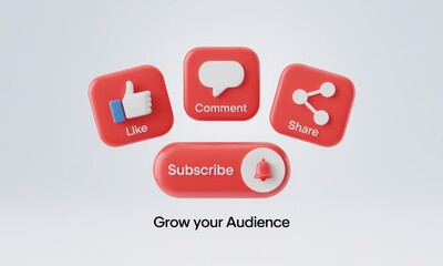 Social media engagement icons in red and white.