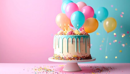 Colorful birthday cake with balloons and sprinkles