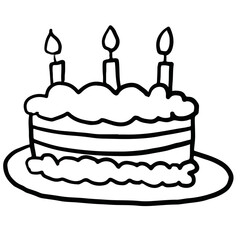 Hand drawn outline of cake with candles for kid colouring book, birthday cake, sweet dessert, bakery, pastry, cafe, restaurant, menu, recipe, baking book, snack, card print, party, department store	
