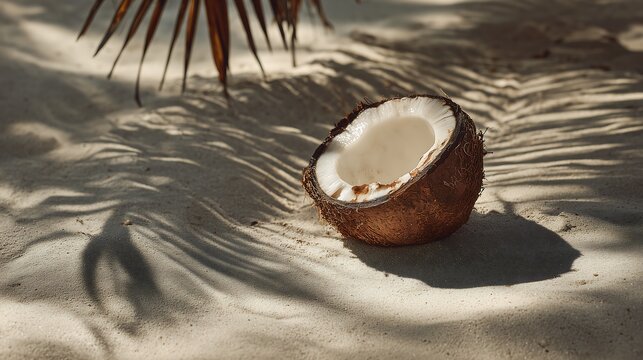 Coconut on sand with palm shadow