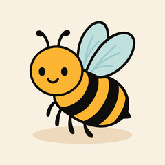 Cute cartoon bee illustration in bright yellow and black, perfect for product packaging, labels, web design, banners, book illustrations and art prints with a playful, child-friendly style.