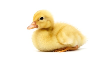 Fluffy Yellow Duckling Resting on White Background, Adorable and Innocent Appearance.