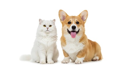 Fluffy White Cat and Smiling Corgi Dog Posing Together on White Background