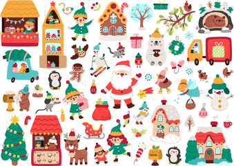 Fototapeta premium Vector Christmas clipart set. New Year icons collection with Santa Claus, elves, deer, fir tree, presents, houses, animals, snowman. Cute festive illustrations for kids. Winter holiday design pack