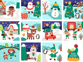 Naklejka premium Vector square Christmas village landscapes set. New Year scenes collection with Santa Claus, elves, animals, birds. Festive winter holiday backgrounds pack for kids with traditional characters