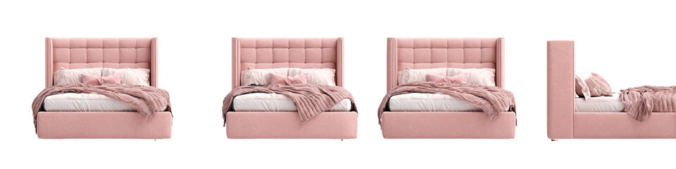 Four angled views of a blush pink upholstered bed with tufted headboard