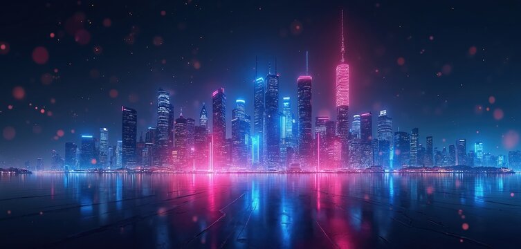 Neon city skyline with skyscrapers illuminated in vibrant blue, magenta light. Reflective water surface mirrors glowing cityscape. Scattered light particles add futuristic, digital feel. Modern urban