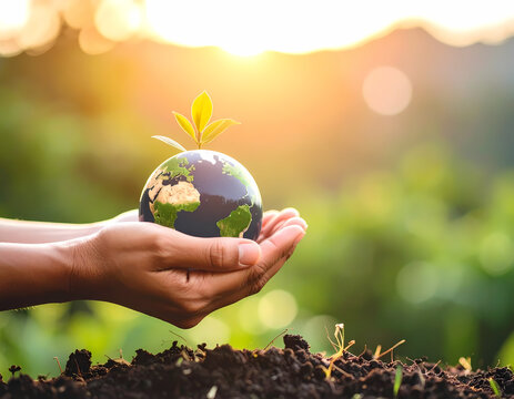 Earth day concept hands holding globe with plant growing save earth