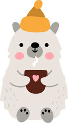 Vector cartoon polar or white bear in warm hat drinking hot drink. Christmas animal clipart. Cute new year symbol illustration for kids. Winter holiday icon isolated on white background
