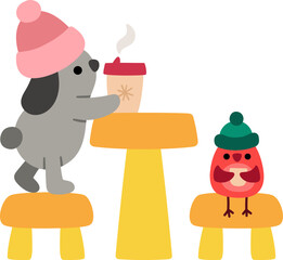 Vector cartoon rabbit and bird in warm hats drinking hot drink in street cafe. Christmas animals clipart. Cute new year symbol illustration for kids. Winter holiday hare icon isolated on white