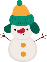Vector cartoon Christmas snowman in green hat clipart. Cute new year symbol illustration for kids. Winter holiday snow man icon isolated on white background
