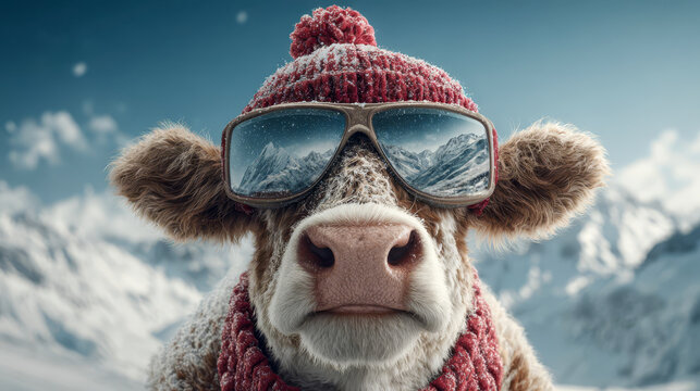Funny cow in red winter hat and reflective ski goggles in snowy mountains, cute animal portrait, winter adventure
