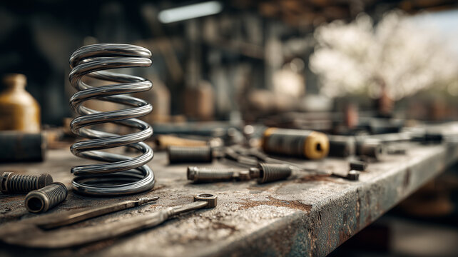 Metal spring and tools on workbench