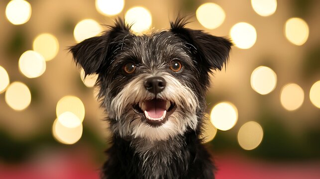 Happy miniature schnauzer with festive bokeh background