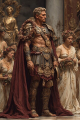 Fototapeta premium Historical figure stands in ornate armor during a grand ceremonial event in ancient setting