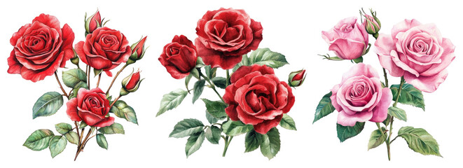 PNG Vibrant watercolor roses illustration, element set on transparent background