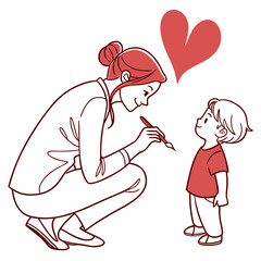 A mother is drawing a heart for her child, showing love and affection, isolated on white background