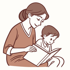 A mother is reading a book to her son, they are sitting together and enjoying the story isolated on white background