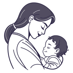 A mother is holding her baby in her arms while the baby sleeps peacefully isolated on white background