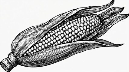 Detailed Black and White Illustration of Corn Cob with Husk and Kernels – Botanical Vintage Drawing”