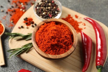 Different aromatic spices on grey wooden table, above view