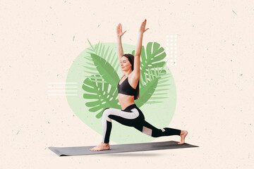 Creative photo collage of relaxed woman doing yoga on a mat on the tropical leaves background