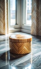 Wooden box on a marble floor near a window with sunlight shining through